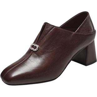 意尔康女鞋2025秋季粗跟方头皮鞋高跟深口单鞋羊皮通勤气质配裙子