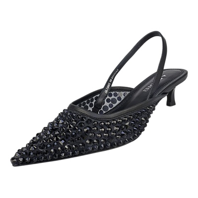 可媚尖头网面闪钻甜美细中跟单鞋