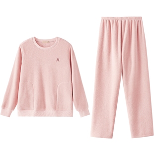 秋鹿珊瑚绒情侣家居服秋冬加厚加绒圆领套头睡衣秋季女款2024新款