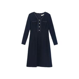 诗梦女装秋冬反季藏青羊毛连衣裙小香风收腰气质优雅V领显瘦长裙