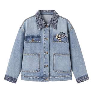 秋水伊人时尚拼接香风翻领牛仔外套2026年春季新款女落肩袖短外套