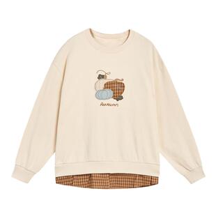 紫涵假两件圆领米白卫衣女秋季新款南瓜贴布刺绣宽松百搭休闲上衣