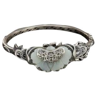 镀S925银手镯女做旧手工蝴蝶银镶如意白玉古法复古手镯手环