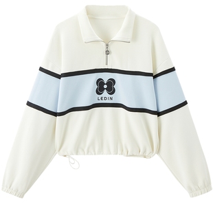 乐町蝴蝶花撞色短款宽松卫衣女2025年秋季新款半开襟拉链立领上衣