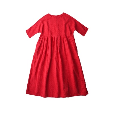 冉裳原创宽松文艺苎麻纯红色长裙