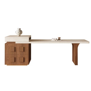 下挂岩板岛台餐桌一体可伸缩家用中古风胡桃色开放厨房餐厅中岛台