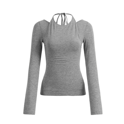 假两件双层长袖T恤系带修身上衣