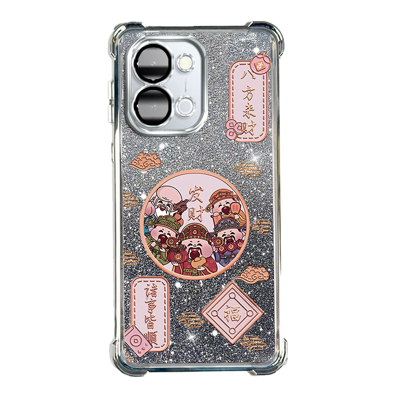 适用于vivoY6M创意手机壳支架闪粉V2532BA五福财神vivo手链气囊V2532BA八方来财电镀Y6M高级磁吸U支架软壳Y6m
