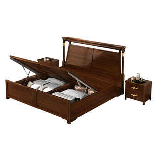 乌金木实木床新中式床主卧2米x2米2.2大床200×220cm气压高箱储物