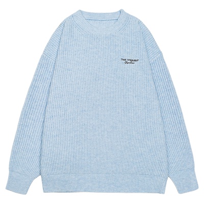 GOGOSOON蓝色毛衣男2025新款秋冬高级感刺绣logo圆领后背字母印花