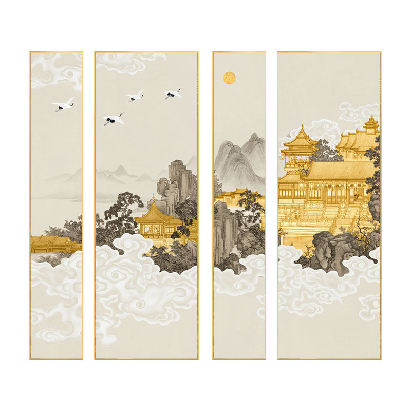新中式客厅装饰画四联山水画禅意仙鹤祥云挂画酒店前台背景组合画