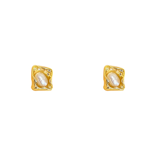 不规则独特设计感方形金色耳钉天然淡水珍珠耳环耳饰女轻奢高级感