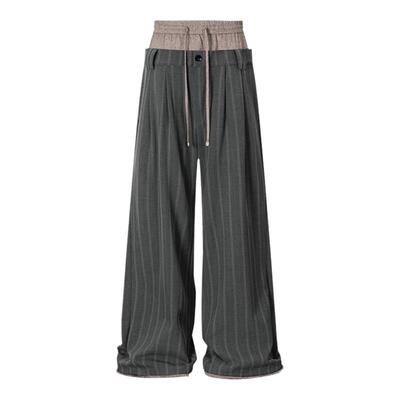 BALIANG「捌樑」坠'fall' 双腰抽绳拼接条纹阔腿西裤休闲拖地长裤