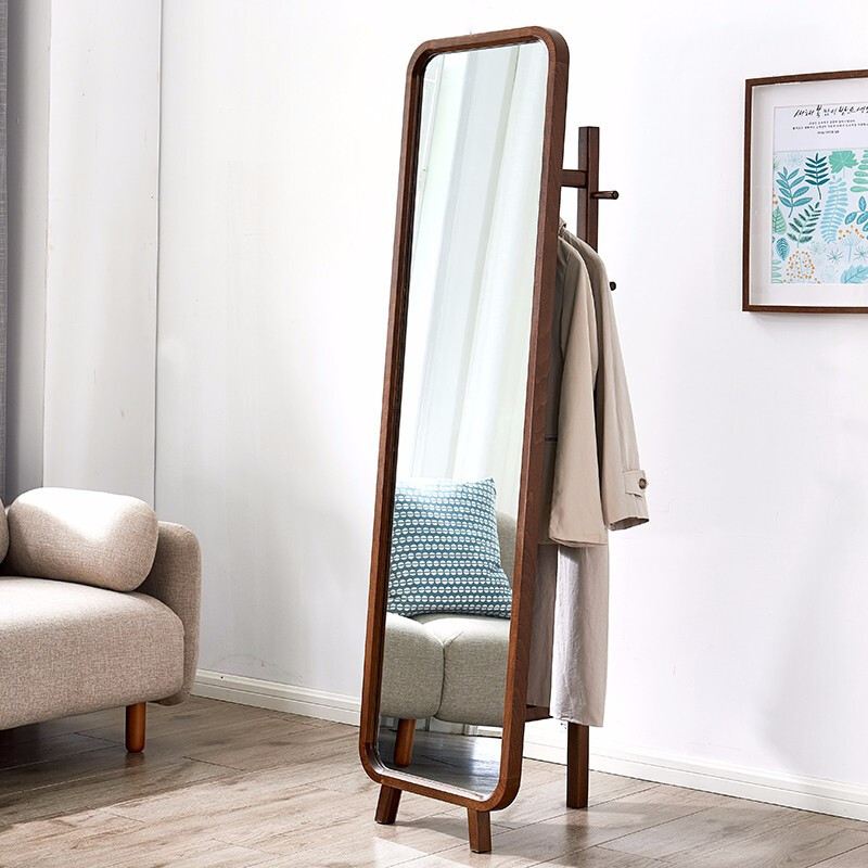 实木穿衣镜家用简约现代落地试衣镜带衣帽架卧室镜子全身镜