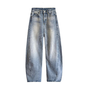 12平方87252蓝色后袋破洞设计弯刀牛仔裤女2026松弛感显瘦阔腿裤