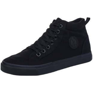 新款透气黑色帆布鞋子男高帮鞋潮流全黑色布鞋高邦纯黑工作上班鞋