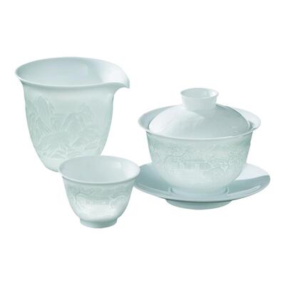 景德镇礼盒送礼长辈浮雕三才盖碗