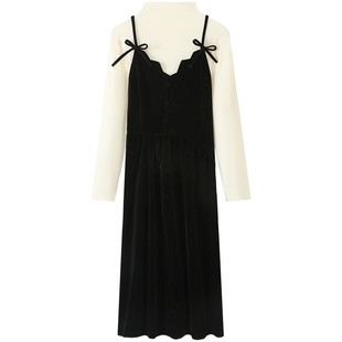 慕兔法式复古黑色丝绒连衣裙女秋2025新款内搭上衣吊带裙两件套装