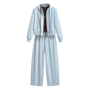 黄色长袖连帽开衫外套背心弯刀裤子女2026春季新款正流行三件套装