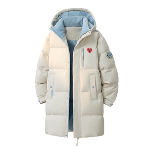 查尔斯桃心 美式中长款棉服男冬季连帽加厚保暖撞色过膝情侣外套