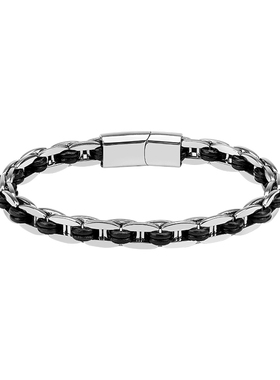 MUSTKOO玛诗杜经典牛皮革编织钛钢手链 男士中性风手镯男生礼物