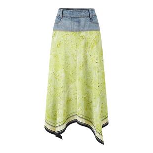 【deepmoss】潮流复古优雅女装时尚休闲水拓印丝巾拼接牛仔半身裙