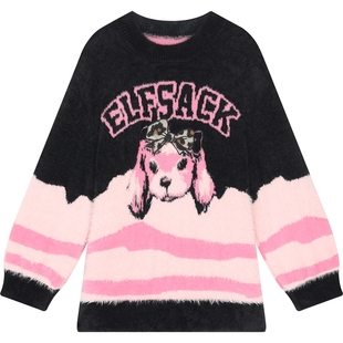 妖精的口袋毛绒绒小狗粉色撞色毛衣女2025冬新款甜美可爱新年穿搭