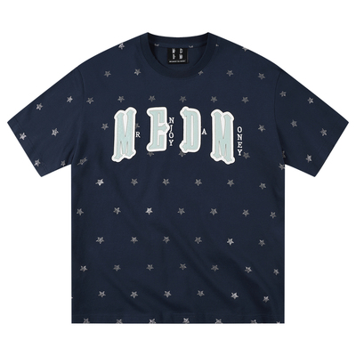 MEDM 闪粉小星星满印双层皮贴皮刺绣休闲圆领短袖潮流舒适宽松T恤