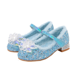 女童公主鞋2026新款秋冬配裙子加绒小女孩女宝水晶高跟艾莎儿童鞋