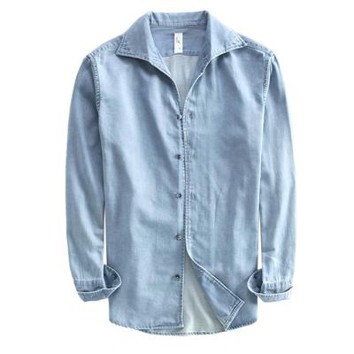 意式一片领棉麻牛仔长袖衬衫