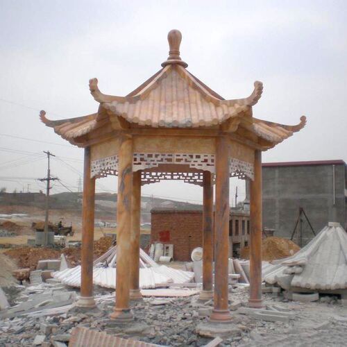 石雕凉亭园林庭院晚霞红双层六角凉亭公园广场欧式大理石双层凉亭
