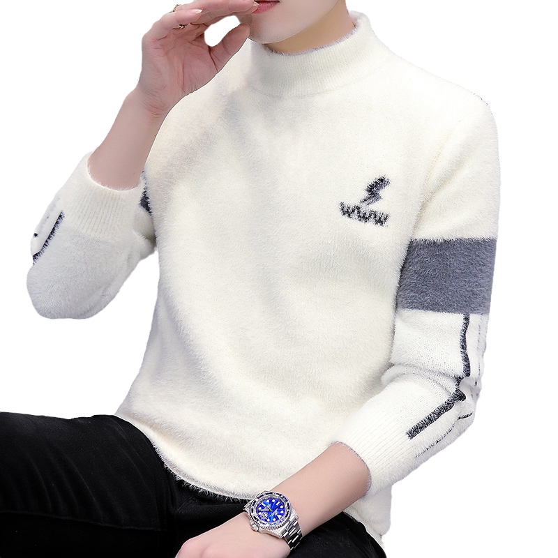 毛衣男秋冬季加绒加厚水貂绒半高领仿羊绒衫秋冬装外套针织打底衫