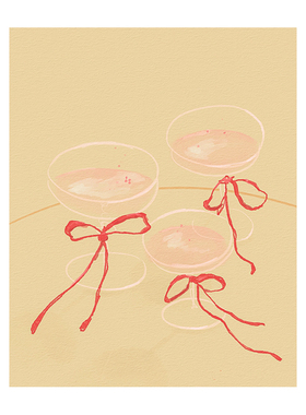 无框画Puritscher法式蝴蝶结高脚杯暖黄底香槟杯静物装饰画挂画