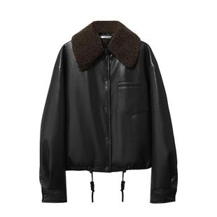 Amii2025冬新款摩登帅气可拆卸毛领环保PU皮革羽绒服女上衣外套