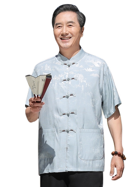 爷爷夏天短袖套装冰丝唐装