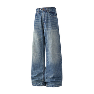 FAFC春夏季微喇纯棉水洗猫须牛仔裤男款美式高街宽松阔腿休闲长裤