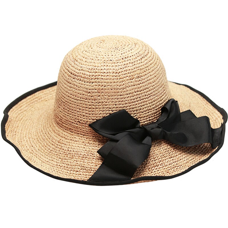 新品拉菲草宽檐大边帽子黑色包边遮阳帽女士防晒沙滩时尚出游草帽
