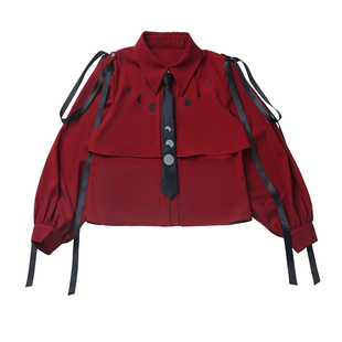 pinksavior【月影流光】红黑显瘦新中式垂感压褶挂带衬衫长裙秋