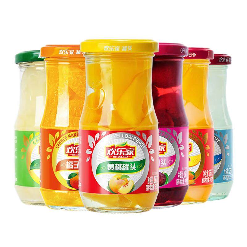 欢乐家 水果罐头256g*6瓶 橘子雪梨杨梅山楂菠萝草莓荔枝黄桃罐头