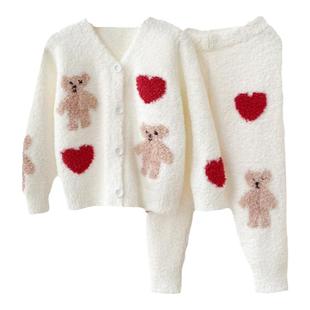 秋冬款半边绒儿童睡衣女童珊瑚绒开衫套装亲子家居服法兰绒加绒厚