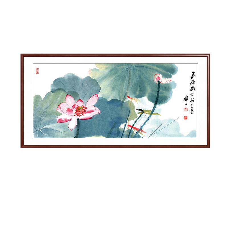 张大千荷花九鱼图挂画客厅装饰画