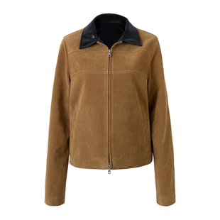 call it a day 棕色翻领拼接皮领麂皮绒外套正肩休闲夹克短上衣秋