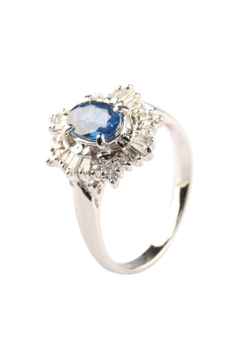 中古95新日本进口商品椭圆形切工蓝宝石钻石铂金900 56号戒指