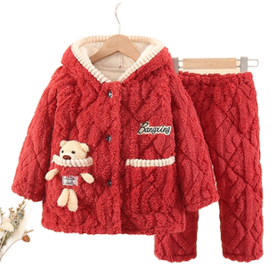 儿童睡衣加厚三层夹棉加绒中大童特厚男女童小孩子冬季保暖家居服