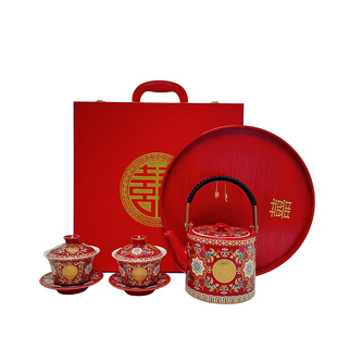 唐洁珐琅彩结婚敬茶杯一对婚礼改口敬酒盖碗喜碗对碗套装新婚用品