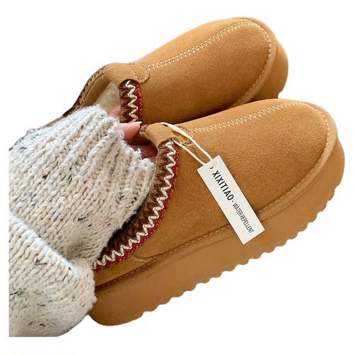 细细条 真牛皮羊毛民族风厚底雪地靴女冬时尚增高保暖毛毛半拖鞋