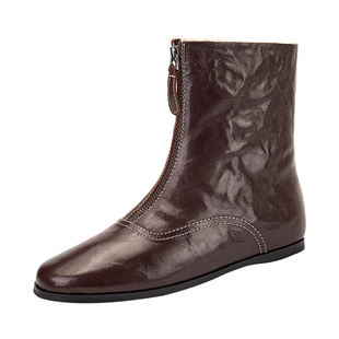 星期六前拉链马丁靴女冬季内增高平底真皮加绒炸街高级感小短靴子