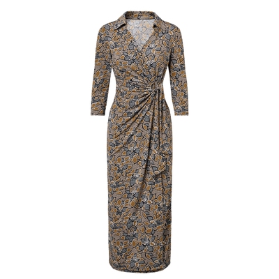 马天奴黄灰印花翻领修身连衣裙