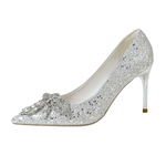 银色婚鞋新娘高跟鞋主婚纱水晶鞋订婚结不累脚水钻2024新礼服宴会