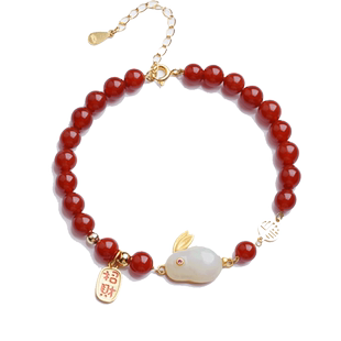 玉兔玛瑙手链本命年红手绳龙年兔子礼物闺蜜和田玉手串属兔饰品